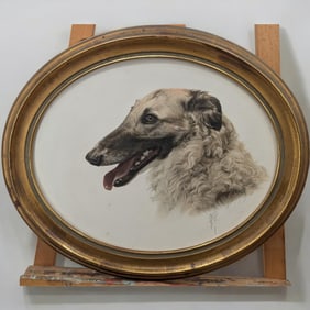 Signed And Dated Thomas Read? Mixed Media Painting Of A Borzoi Dog, 1970