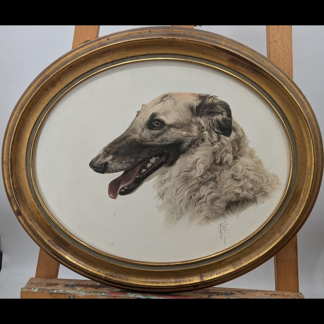 Signed And Dated Thomas Read? Mixed Media Painting Of A Borzoi Dog, 1970 (1 of 4)