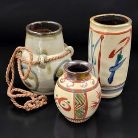 Lot Of Vintage Hand Painted Japanese Ceramic Pots, 3 Pieces