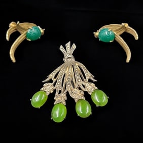 3-Piece Lot Of Jade? Stone Earrings & Silver Pin