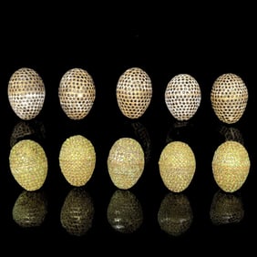 Lot Of 10 Gilt Metal Kathmandu Easter Ornament Egg Box Trinkets Inlaid With Semiprecious Stone
