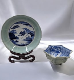 Pair Of Japanese Blue And White Celadon Glazed Dishes, One With Six Character Mark