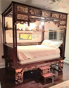 Antique Hand Carved Chinese Hardwood Opium Bed, 19th Century