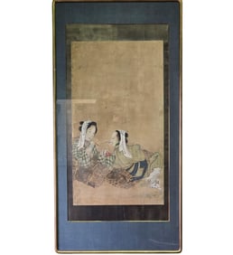 19th Century Scroll Painting Depicting 2 Women In A Landscape, Circa 1820 Edo Period