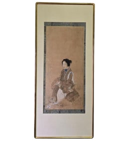 19th Century Scroll Painting Depicting A Women In A Landscape, Circa 1820 Edo Period