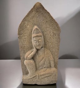 19th C Carved Japanese Stone Buddha With Calligraphy / Kannon Bodhisattva