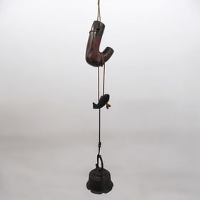 RARE & COMPLETE Antique Japanese Jizai-Kagi Hearth Hanger W/ Cast Iron Kettle, 19th Century