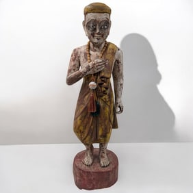 Antique Thai Carved And Painted Wooden Monk Statue