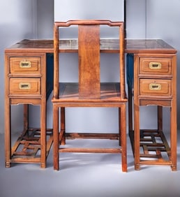 A Fine Antique Chinese Hardwood Desk With Original Chair, Possibly ELM WOOD