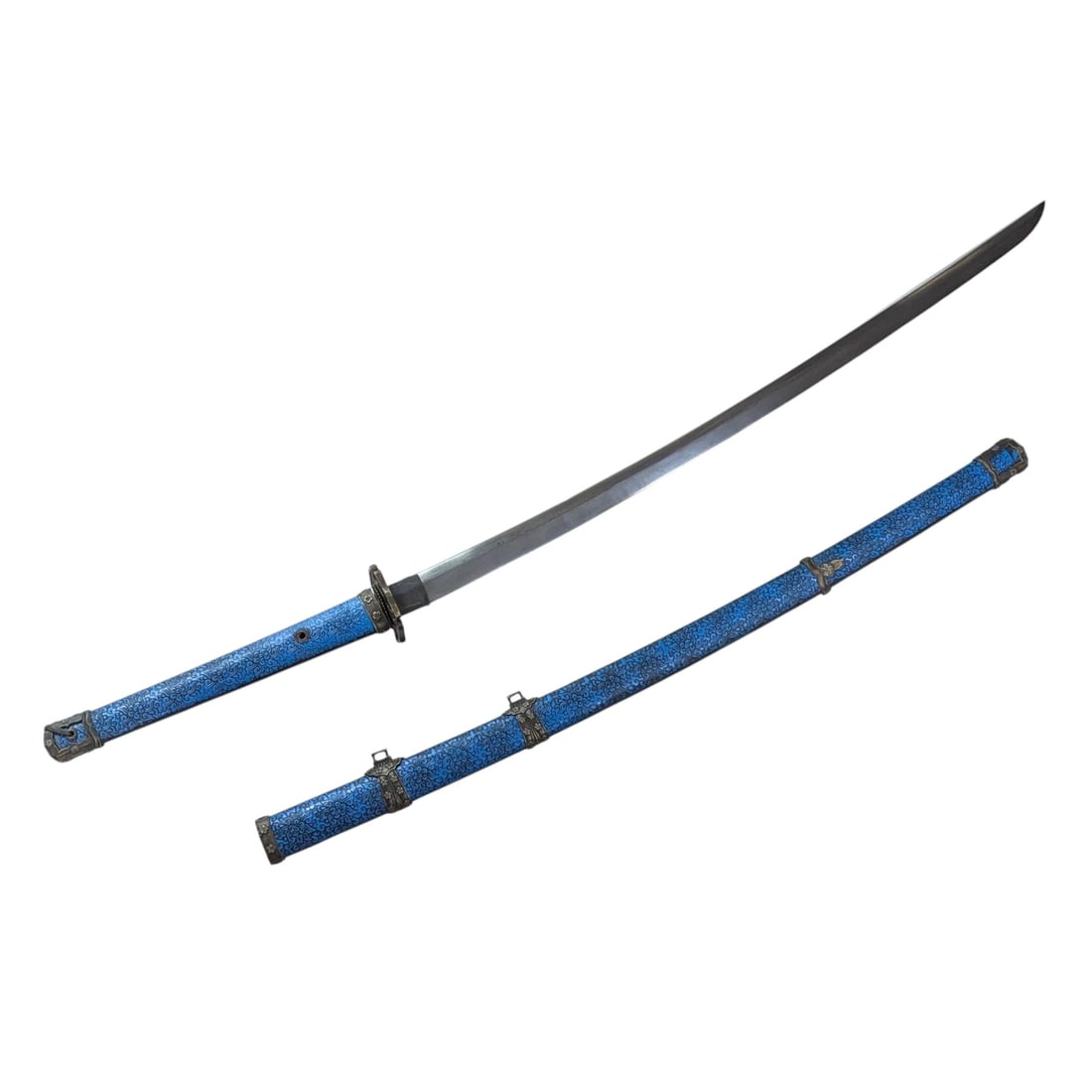 A Beautiful Japanese Display Katana With Floral Design, Signature, And Blue Handle / Sheath: **DUE TO THIS LOT BEING CLASSED AS A WEAPON IT MUST BE PAID VIA BANK WIRE TRANSFER OR CERTIFIED CHECK.** A Beautiful Japanese Display Katana With Floral Design, Signature, And Blue Handle / Sheath. Me