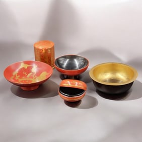 Antique Chinese Lacquered Bowls & Containers, 5 Pieces