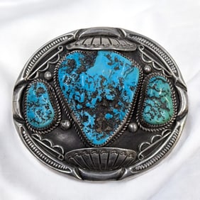 Zuni Concho Silver And Turquoise Belt Buckle, 121 Grams Total Weight Possible Judy Wallace