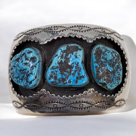 Judy Wallace Zuni Concho Silver And Turquoise Bracelet, Initialed JW, 117 Grams Total Weight
