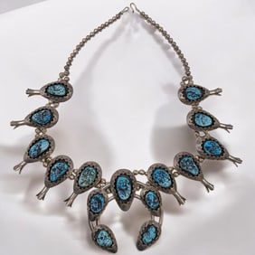 Judy Wallace Zuni Silver And Turquoise Squash Necklace, Initialed JW, 371 Grams Total Weight