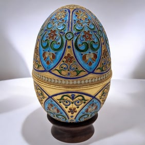 A Very Fine Antique Russian Enamel Egg Box With Wooden Stand