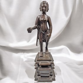 An Antique Bronze Statue Of An Indian Woman / Goddess Standing On A Pagoda