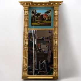 Vintage Gilt Painted Mirror With A Reverse Glass Landscape Painting