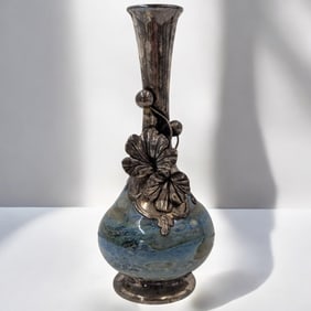 Vintage King Solomon Art Nouveau Vase With Blown Glass And 925 Silver Overlay, 117 Grams Total