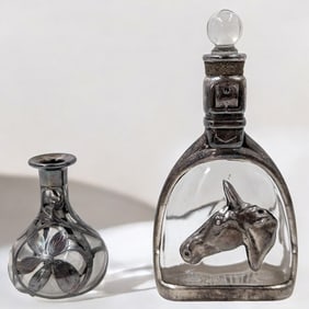 Pair Of Vintage Unmarked Silver Overlay Vessels, One Decanter And One Miniature Vase