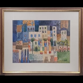 Artist Signed Geometric And Colorful Landscape Watercolor Painting