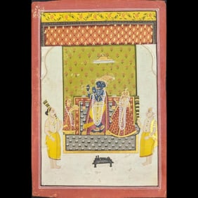 Indian Kota School Miniature Painting Of Worship Of Srinathji