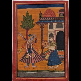 Indian Pahari School Miniature Painting Of A Pair Of Musicians