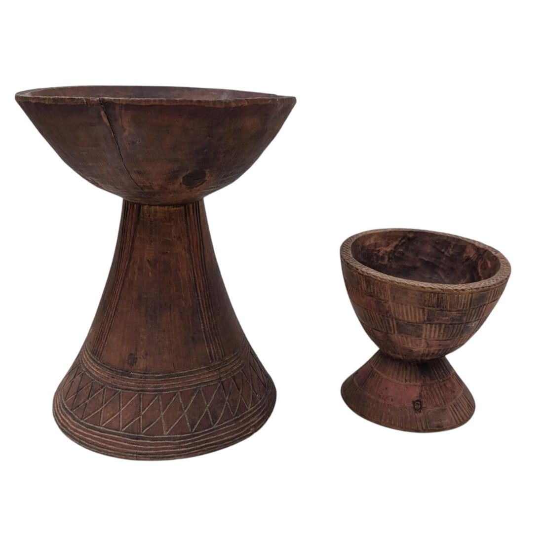 Pair Of Carved Wooded Tribal Mortars, Probably From South America: Pair Of Carved Wooded Tribal Mortars, Probably From South America. Measures approx. 5" X 5" and 9 1/2" X 7 1/2". Please copy and paste the URL link below to review our Terms and Conditions fo