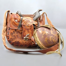 Pair Of Handmade Bags, Jamaican Gourd & Mexican Leather Horse Saddle
