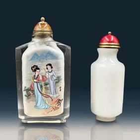 Pair Of Chinese Snuff Bottles, One Carved Jade And One Inside Painted Glass