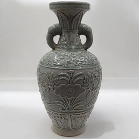 Chinese Longquan Celadon Floral Double Handle Vase
