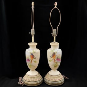 A Beautiful Pair Of Hand Painted Vintage Table Lamps With Bird Motif