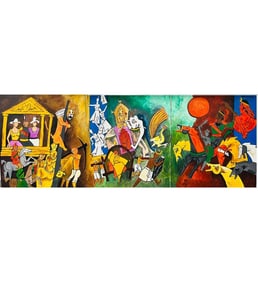M.F. Husain (Indian, 1913-2011) Untitled Very Large 3 Pieces 144" x 52"  W/ COA