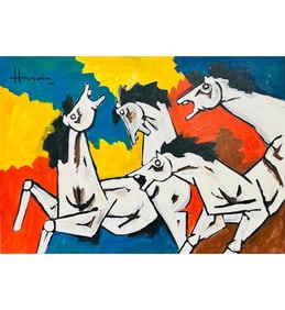 M.F. Husain (Indian, 1913-2011) Untitled Large Acrylic On Canvas W/ COA