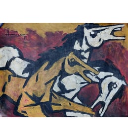 M.F. Husain (Indian, 1913-2011) Untitled Large Acrylic On Paper W/ COA