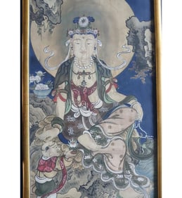 Antique Chinese Watercolor Painting Seated Kwan Yin And A Boy Possible 18-19th C