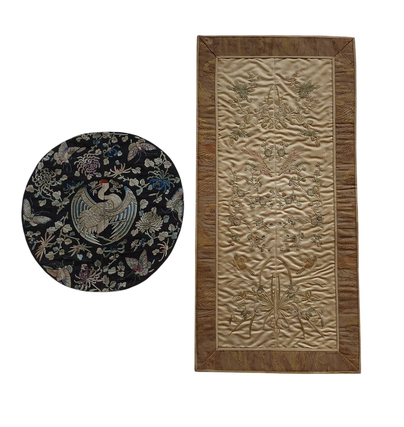 Antique Chinese Embroidered Silk Panels 19th Century: Antique Chinese Embroidered Silk Panels 19th Century. Measure 58 x 28 Cm & 29 Cm Diameter. Provenance: Private Estate. Please copy and paste the URL link below to review our Terms and Condit