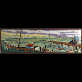 Florida Artist Joe Arinson Large Hand Painted Tile Painting "Florida Yacht Club 1960"