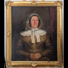 Large Early English Oil On Canvas Portrait Painting Of An Older Woman