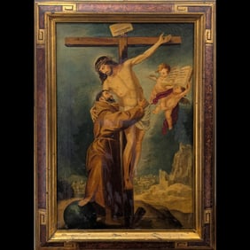 Antique Oil On Canvas Painting Depicting Jesus On The Crucifix With A Monk And Cherubs