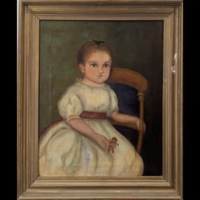 An Old Oil On Canvas Portrait Painting Of A Young Girl
