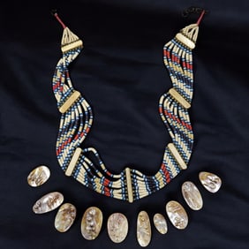An African Beaded Bone & Shell Necklace + Mother Of Pearl Pendants (10-Pieces)
