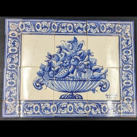 An Antique Portuguese Blue And White Tile Mural, Signed Bottom Right