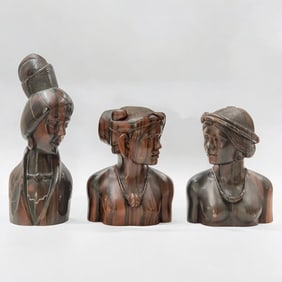 Lot Of 3 Carved Wood Female Bust Sculptures
