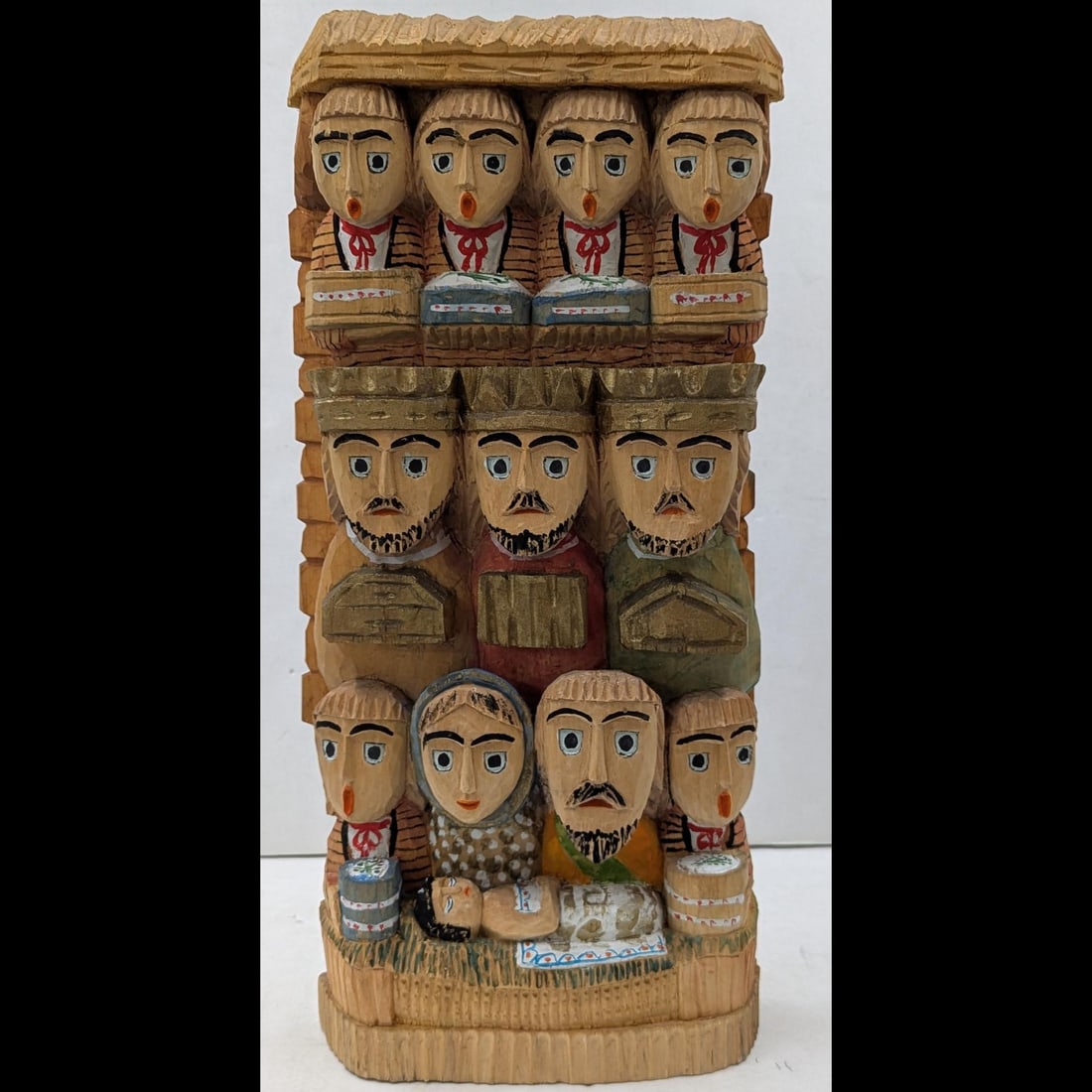 Polish Artist Antoni Kaminski Signed Folk Art Nativity Scene Figural Wood Carving: Award Winning Polish Artist Antoni Kaminski Signed Folk Art Nativity Scene Figural Wood Carving. Measures approx. 17 1/2" X 8 1/4". Please copy and paste the URL link below to review our Ter