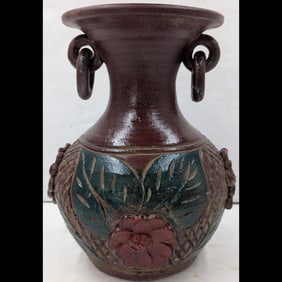 Vintage Thai Made Carved And Glazed Earthenware Vase