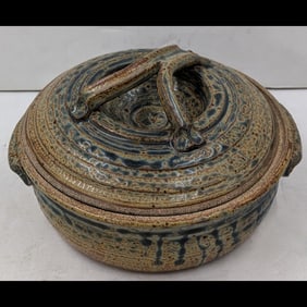 Vintage Handmade Studio Art Pottery Glazed And Lidded Casserole Dish, Signed On The Bottom
