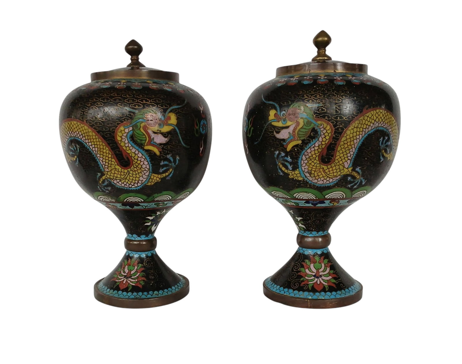 A Fine Pair Of Chinese Cloisonne Jars With Five Claw Dragons Late Qing Dynasty: A Fine Pair Of Chinese Cloisonne Jars With Five Claw Dragons. Measures 21 Cm Tall. Please copy and paste the URL link below to review our Terms and Conditions for bidding, payment, shipping