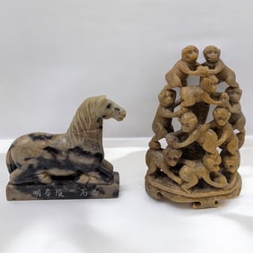 Pair Of Chinese Soapstone Carvings, A Horse With Calligraphy And A Grouping Of Monkeys
