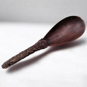 A Finely Carved Tibetan Boxwood Spoon With Carved Phurba