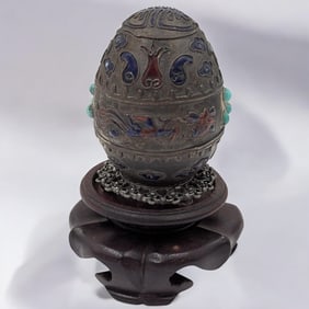 An Early Chinese Enamel And Silver Egg With Wooden Stand, 71 Grams